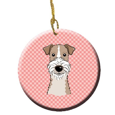Carolines Treasures Checkerboard Pink Wire Haired Fox Terrier Ceramic Ornament- 2.81 In. BB1247CO1