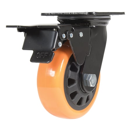 Vestil Polyurethane Swivel With Total Brake Caster 5 In. Diameter x 2 In. Width 726 lb Orange/Black CST-BN-5X2PUP-SWTB