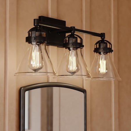 Vaxcel Mason 3 Light Farmhouse Black Bathroom Vanity Fixture Clear Glass W0412