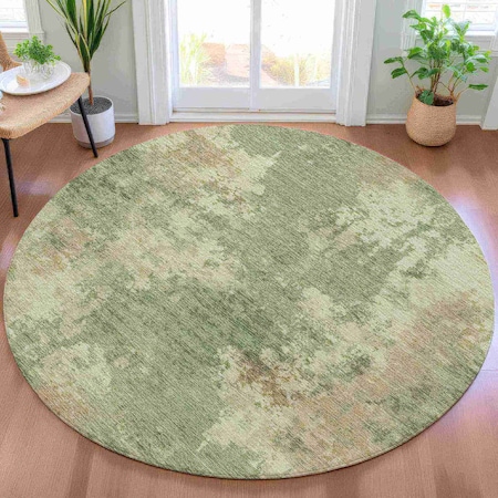 Homeroots 8' Sage And Beige Round Abstract Washable Indoor Outdoor Area Rug 630701