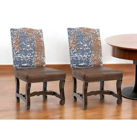 Homeroots Set of Two Blue And Brown Solid Wood Upholstered Chenille And Leather Dining Side Chairs 552133
