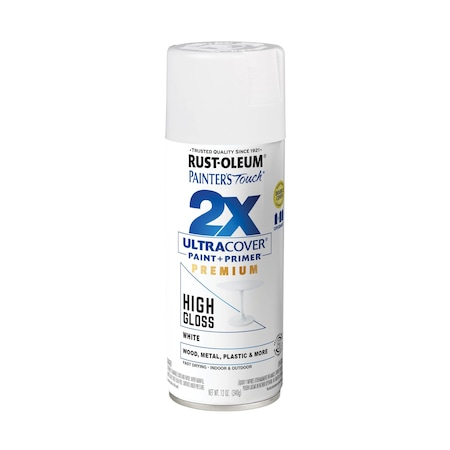 Rust-Oleum Spray Paint, White, High Gloss, Solvent, 12 Oz 331171