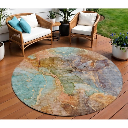 Homeroots 8' Copper Orange And Teal Blue Round Abstract Washable Indoor Outdoor Area Rug 581763