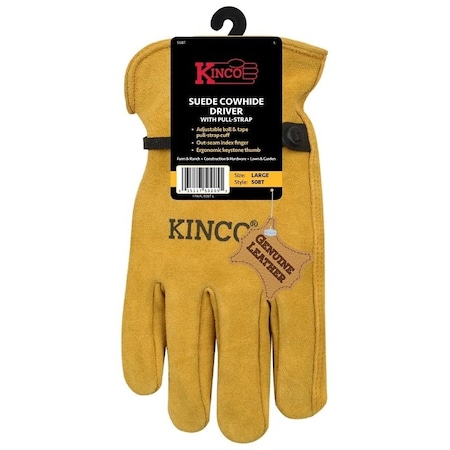 Kinco Driver Gloves, Men's, XL, Keystone Thumb, Ball and Tape Cuff, Suede Cowhide Leather, Gold, PR 50BT-XL