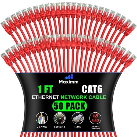 Maximm Cat6 Ethernet Cable 1ft 10Gbps 550MHz UTP, 50PK, Red, 50PK CAT6CCA-1RD-50PK