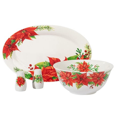 Gibson Home 4 Piece Ceramic Serving Set in White With Poinsettia Decorations 80614.04RR