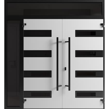 Vdomdoors Front Exterior Prehung Aluminum Double Doors Ronex0131 Grey 1 Sidelight and Top Transom Mirrored RONEX0131DEXD-GRE-W72+12xH96+16-RH-I