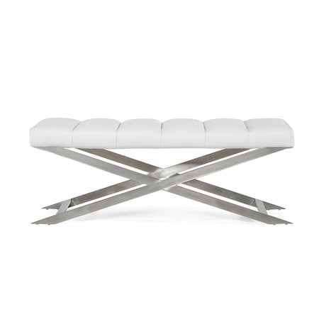 Homeroots 47in White and Silver Tufted Faux Leather Upholstered Dining Bench 473173