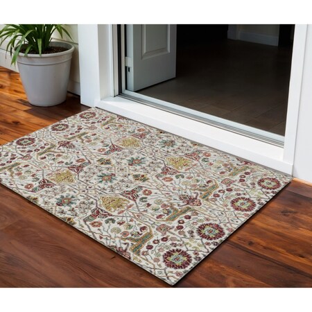 3' X 5' Ivory Red And Green Floral Washable Indoor Outdoor Area Rug