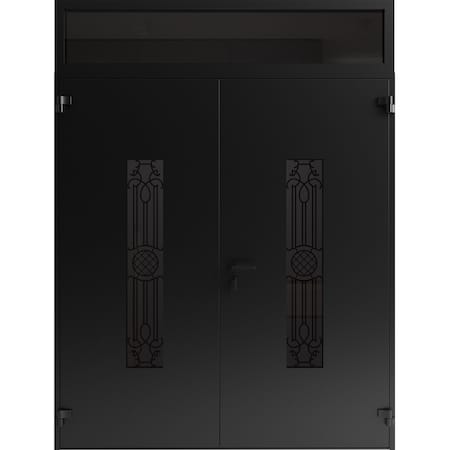 Vdomdoors Front Exterior Prehung Aluminum Double Doors Ronex1477 Black Enamel Top Transom Mirrored Clear RONEX1477DEXD-BLK-W72xH80+12-LH-I