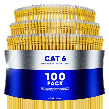 Maximm 8ft Cat6 10Gbps 550MHz UTP Ethernet Cable, 100PK, Yellow, 100PK CAT6CCA-8YL-100PK