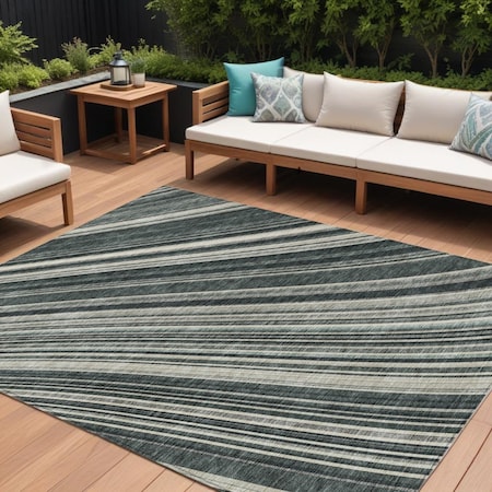 Homeroots 9' X 12' Black Gray And Ivory Striped Washable Indoor Outdoor Area Rug 614963