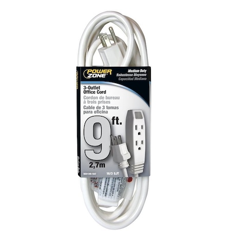 Powerzone SJT Extension Cord, 16 AWG, Indoor, 16/3, 3 Outlets, 5-15R, White, 5-15P, 9 ft OR890609