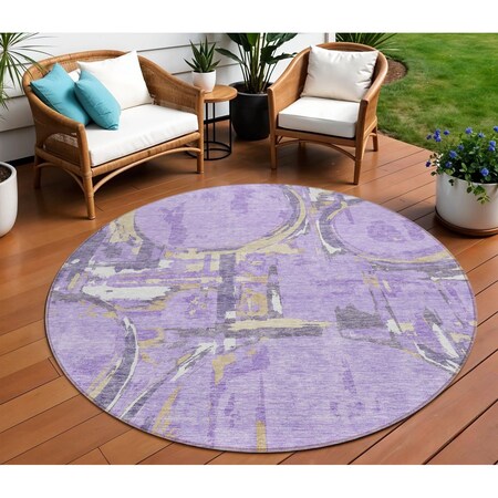 Homeroots 8' Lavender Lilac And Purple Round Geometric Washable Indoor Outdoor Area Rug 589400