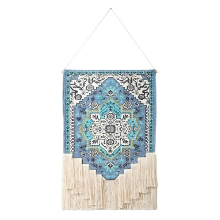 Homeroots 26" X 45" Blue Aqua And Ivory Flower Floral Cotton Macrame Hanging Tapestry 548328