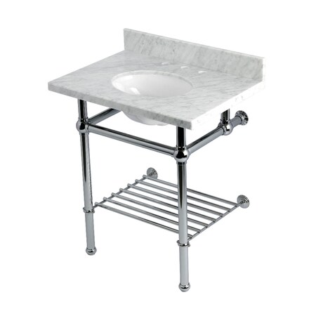 Kingston Brass 30-Inch Carrara Marble Console Sink with Brass Legs and Shelf, 8-Inch, 3-Hole KVPB30MBB1