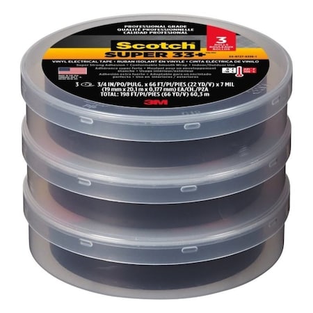 Scotch Electrical Tape, 66 ft L, 3/4 in W, Vinyl Backing, Black, 3/PK, 3PK 6132-BA-3PK-6