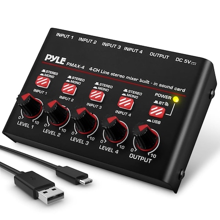 Pyle 4-Channel Bluetooth Mini Line Mixer with USB Audio Interface - 4 Mono/Stereo Switching Inputs PMAX4