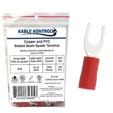 Kable Kontrol Copper and PVC Butted Seam Spade Terminal, 22-18 AWG, Stud Size # 10, Red, 100 Pcs, 100PK STPVC-2218-10-RD