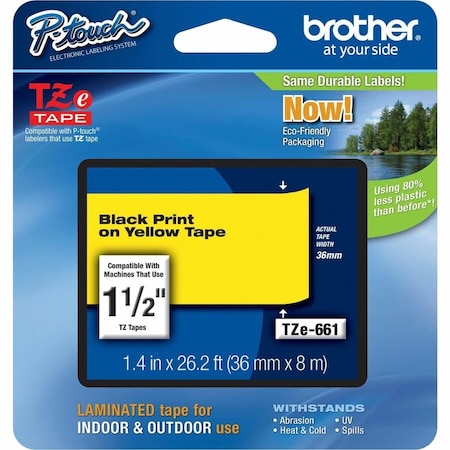 Brother Label/Ribbon Cartridge, Yellow, 1-1/2 in W TZE661G