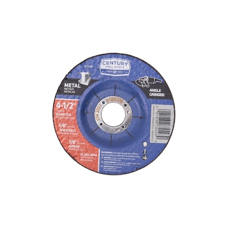 Century Drill & Tool Abrasive Cut-Off Wheel, Type 27, 4-1/2 in Dia, 1/8 in Thick, 7/8 in Arbor Hole Size, Aluminum Oxide 75543