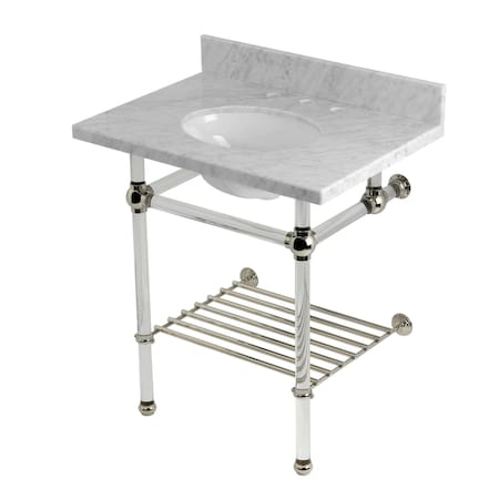 Kingston Brass 30-Inch Carrara Marble Console Sink with Acrylic Legs and Shelf, 8-Inch, 3-Hole KVPB30MAB6