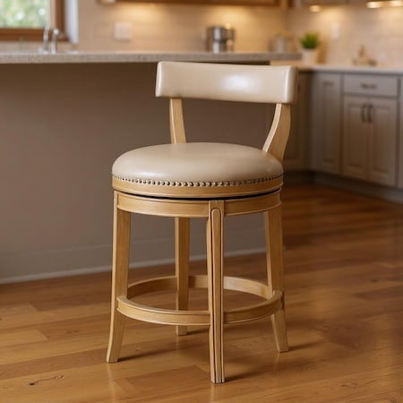 Homeroots 26" Beige and Natural Faux Leather and Solid Wood Low Back Counter Height Swivel Bar Chair 632379