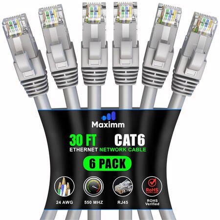 Maximm Cat6 Ethernet Cable 30ft 10Gbps 550MHz UTP, 6PK, Gray, 6PK CAT6-CCA-30FTGRAY-6PK