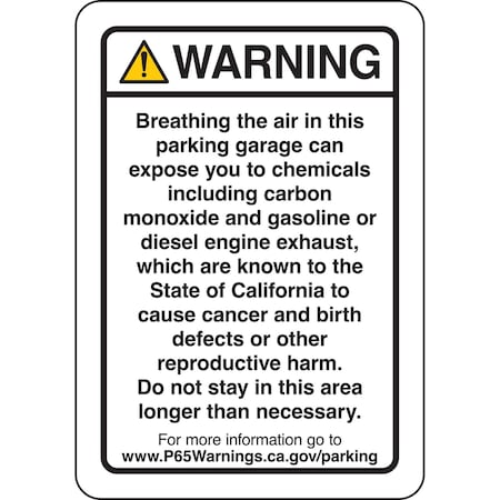 Brady Prop 65 Regulatory Sign Parking Garage 10 inch x 7 inch Polyester Black on White 150457