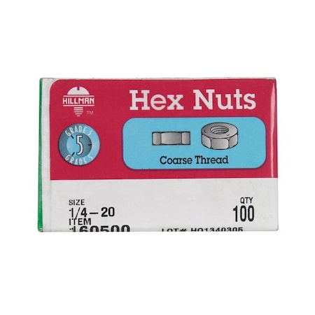 Hillman 1/4 in. Zinc-Plated Steel USS Hex Nut, 100PK 160500