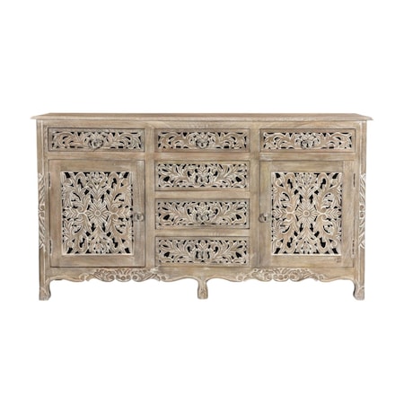 Homeroots 66in Gray Distressed Solid Wood Carved Floral Six Drawer Sideboard with Two Doors 521379