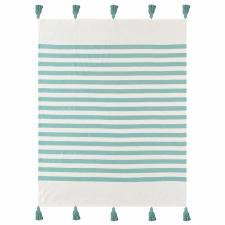 Homeroots 50" X 60" Blue and White Woven Cotton Striped Throw Blanket with Tassels 516554