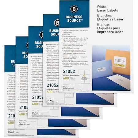 Business Source Bright White Address Labels, 5 Packs x 600 Labels, 3,000 Total BSN21052CT