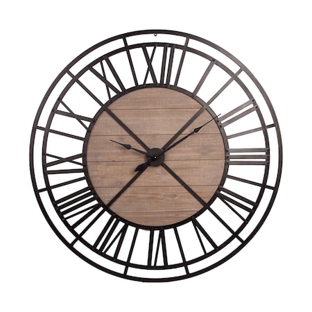 Homeroots 59" Black And Brown Metal and Solid Wood Skeleton Circle Wall Clock 376233