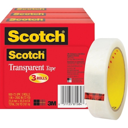 3M Transparent Tape, 1 x 2592 in., PK3 600-72-3PK