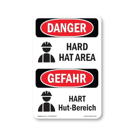 Signmission OSHA Danger Sign, Hard Hat Area Bilingual, 24in X 18in Decal, OS-DS-D-1824-VG-1292 OS-DS-D-1824-VG-1292