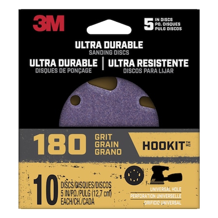 3M Ultra Durable 5 inch Power Sanding Discs, Universal Hole, 180 grit, 12PK DISC5IN10PK180