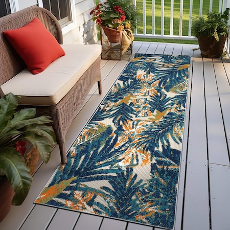 World Rug Gallery Tropical Leaves Indoor/Outdoor Runner Rug 2 ft 7 in x 10 ft Multi 8012MULTI27X10