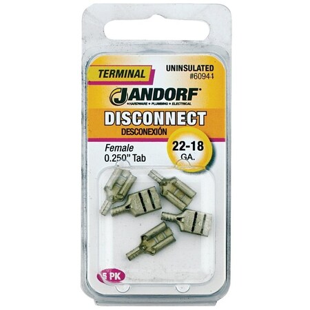 Jandorf Disconnect Terminal, 22 to 18 AWG Wire, Copper Contact, 5PK 60944