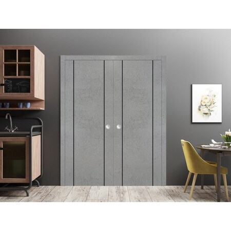 Sartodoors Modern Double Pocket Doors, Planum 0017 Concrete and Aluminum Strips, Kit Trims Rail Hardware, Soli PLANUM0017DP-BTN-5696