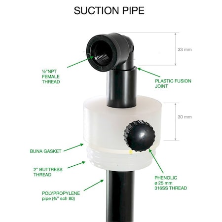 Gizmo Engineering Drum Suction pipe 3/4 in Black polypropylene pipe, 2 in buttress thread, adjustable depth DBX-P-55G