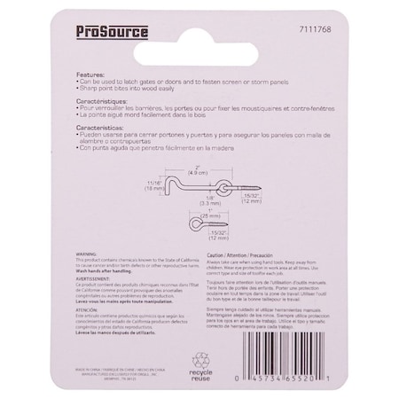 Prosource Gate Hook and Eye, 1/8 in Dia Wire, 2 in L, Solid Brass LR-412-PS