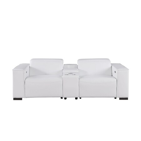 Homeroots 110" White Top Grain Leather Reclining Metal USB Sofa 720304