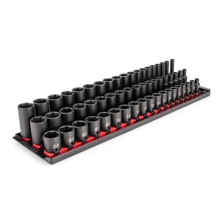 Tekton 3/8in Dr Shallow, Semi-Deep, and Deep 6pt Impact Socket Set w/Rails and Trays, 57pc (6-24 mm) SID91121