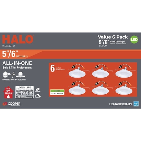 Halo 5''/6'' Retrofit IC Rated White LED Recessed Light Fixture, 6PK LT560WH6930R-6PK