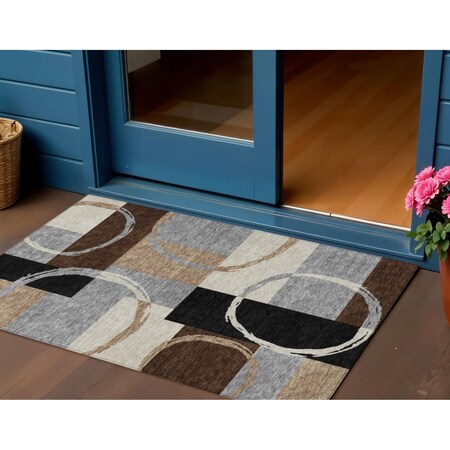 Homeroots 3' X 5' Pewter Gray And Black Geometric Washable Indoor Outdoor Area Rug 612587