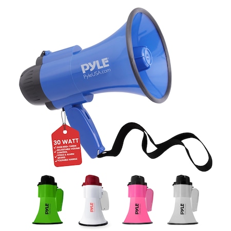 Pyle Pyle Compact Battery-Operated Megaphone with Siren, 30W, Foldable Handle, PA Sound for Cheerleading PMP31BL