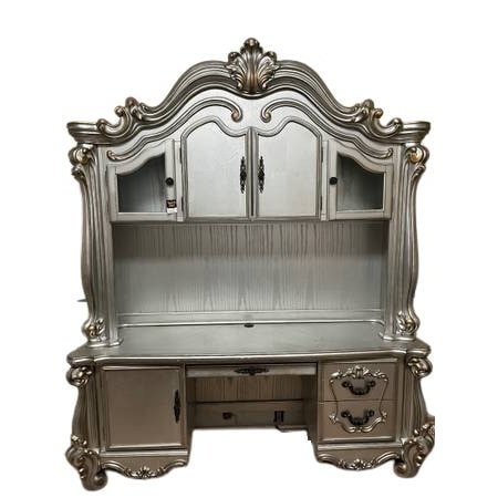 Homeroots 76" Platinum Solid Wood Peninsula Wall Mounted Computer Desk With Four Cabinets Five Drawers 348665