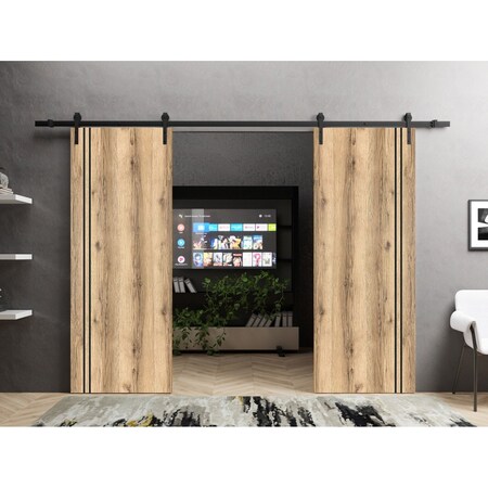 Sartodoors Sliding Double Barn Doors with Hardware, Planum 0016 Oak and Aluminum Strips, 13FT Rail Hangers Stu PLANUM0016DB-DUB-72