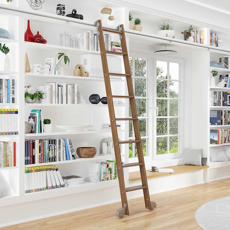 Quiet Glide 8.06 ft. Walnut Contemporary Wheel Satin Nickel Rolling Hook Removable Ladder, 12 ft. Rail QG.540-8WA-12-H.02